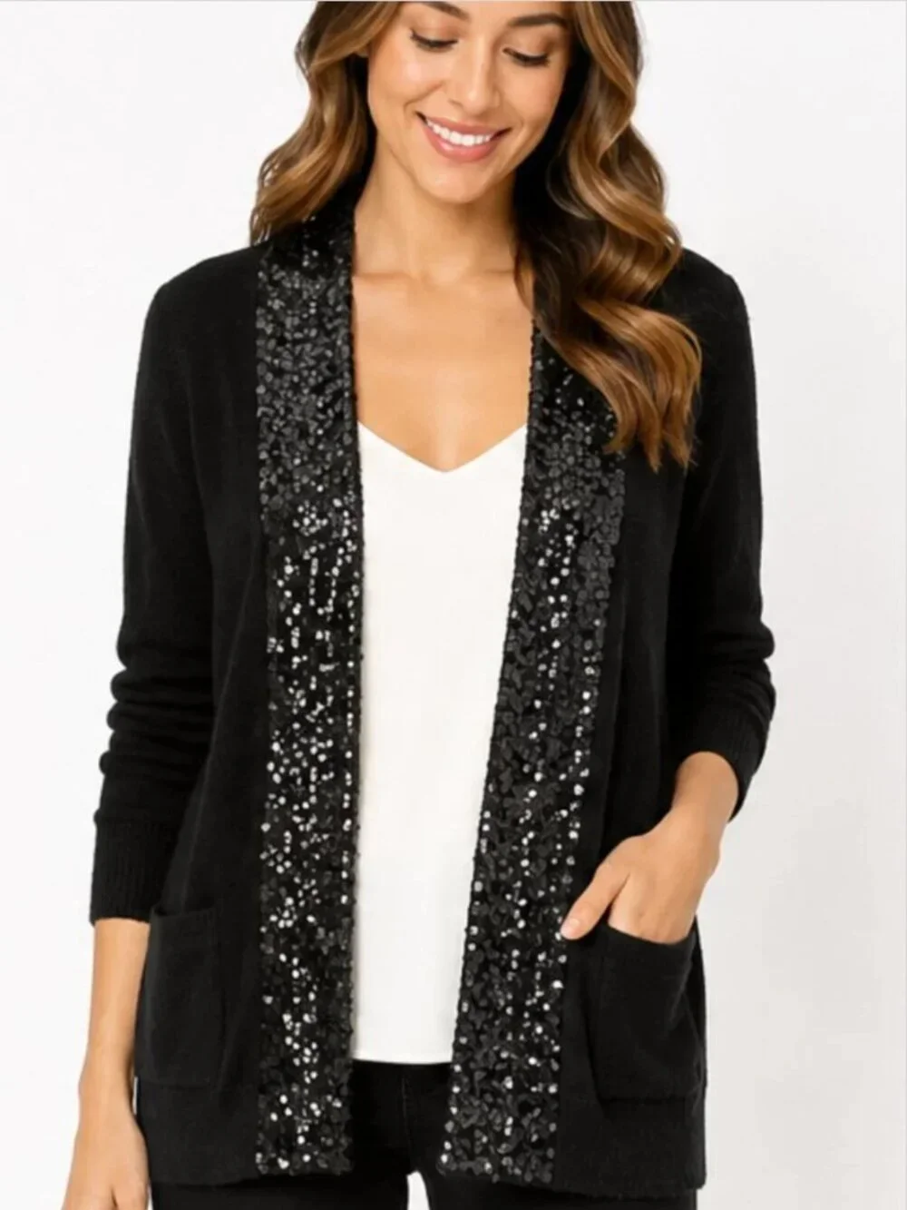 J.Crew Black Sequin Trim Cardigan Sweater Small | Open Front Knit | Quiet Luxury